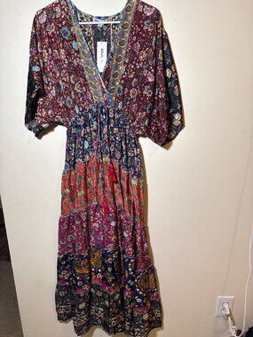 Boho Patchwork Maxi Dress With Tassels White Waves L/XL Multicolor